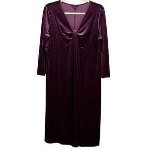 Lands End Womens Size 14/16 Velvet Twist Front V-Neck Midi Dress Plum Purple